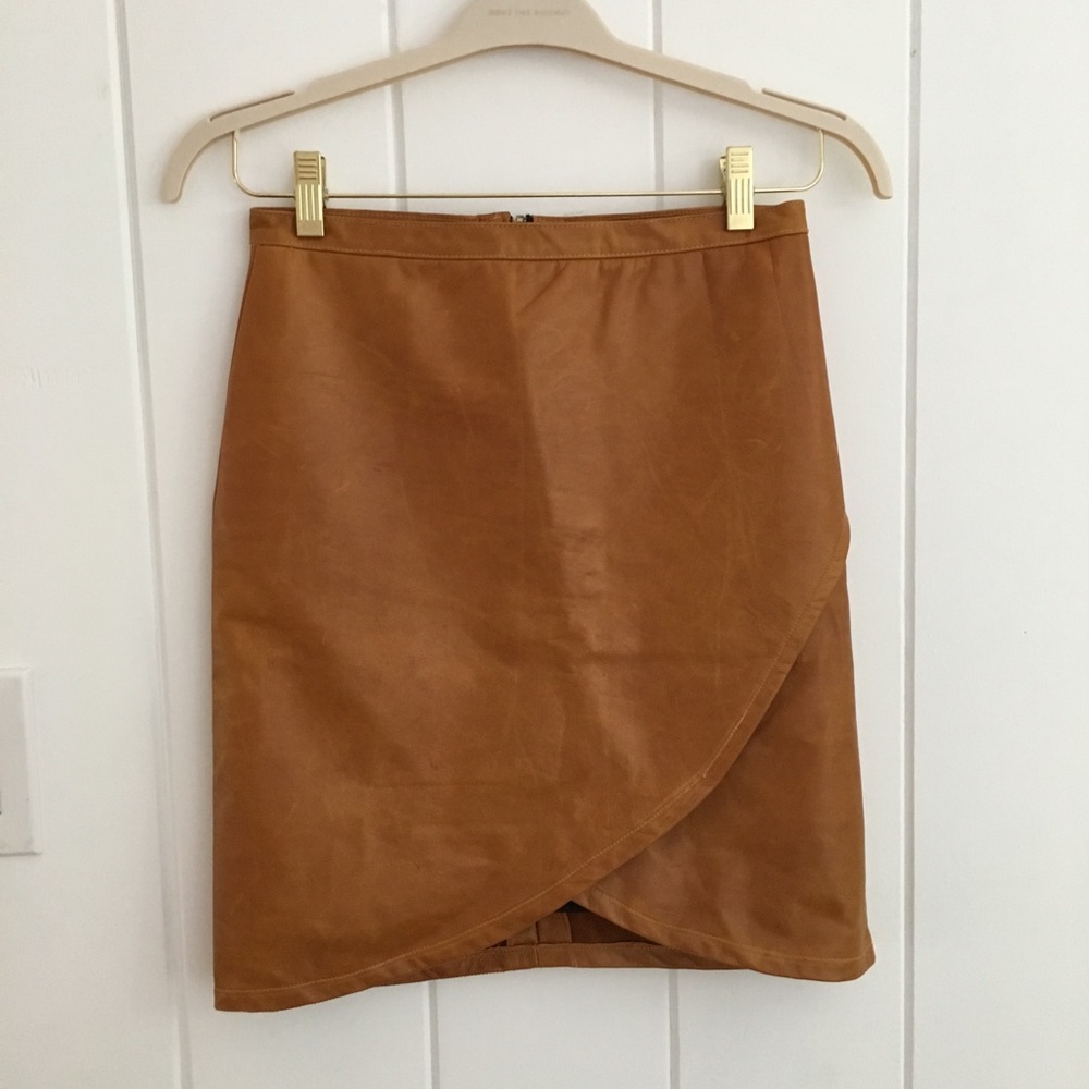 Camel leather wrap front skirt